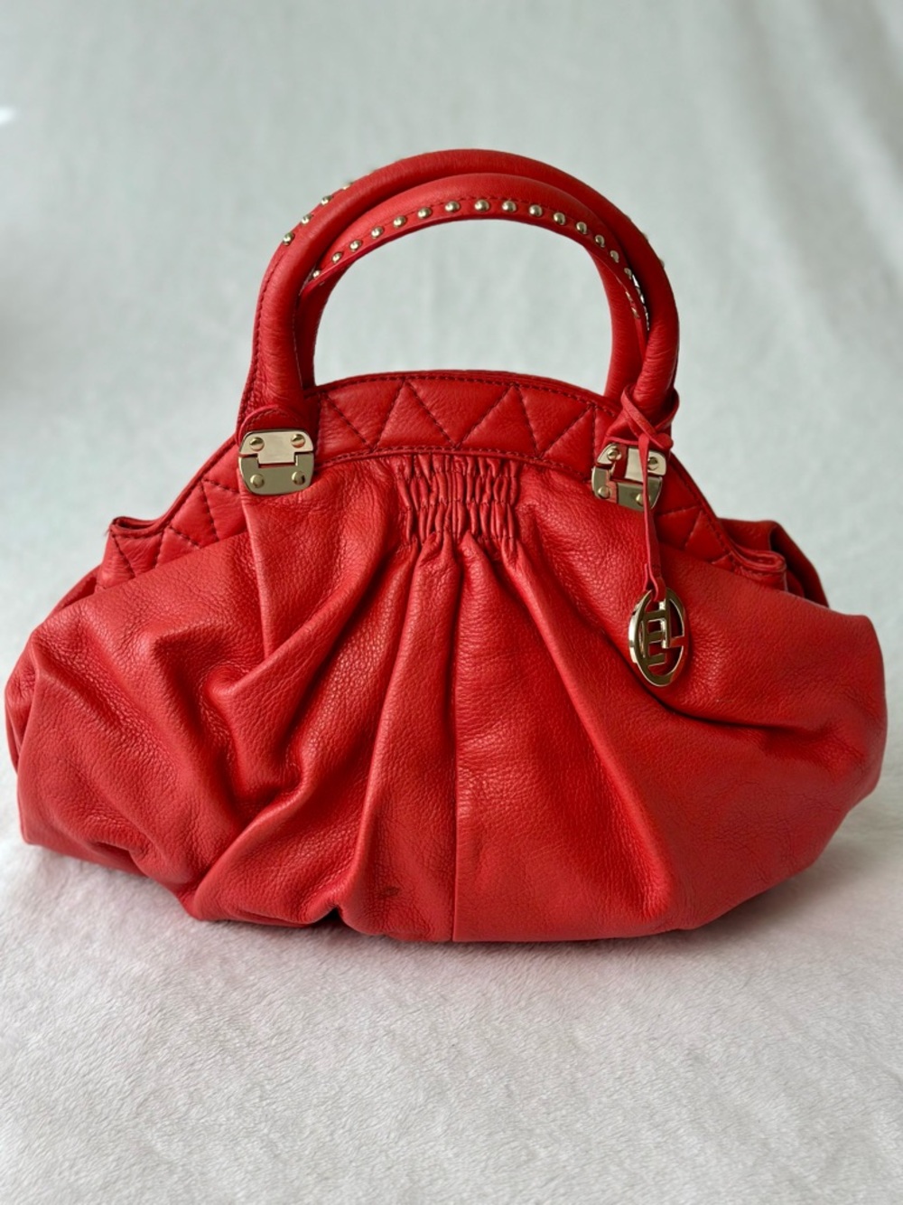 Elliott Lucca Satchel Handbag Pleated Red Leather With Studded Handles